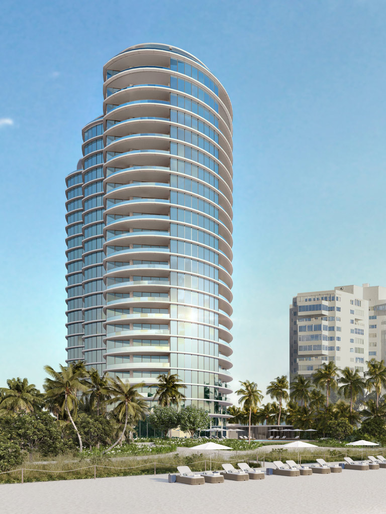 Aerial view of Rivage, a luxury oceanfront construction project in Bal Harbour, Florida, G&E Florida Contractors.